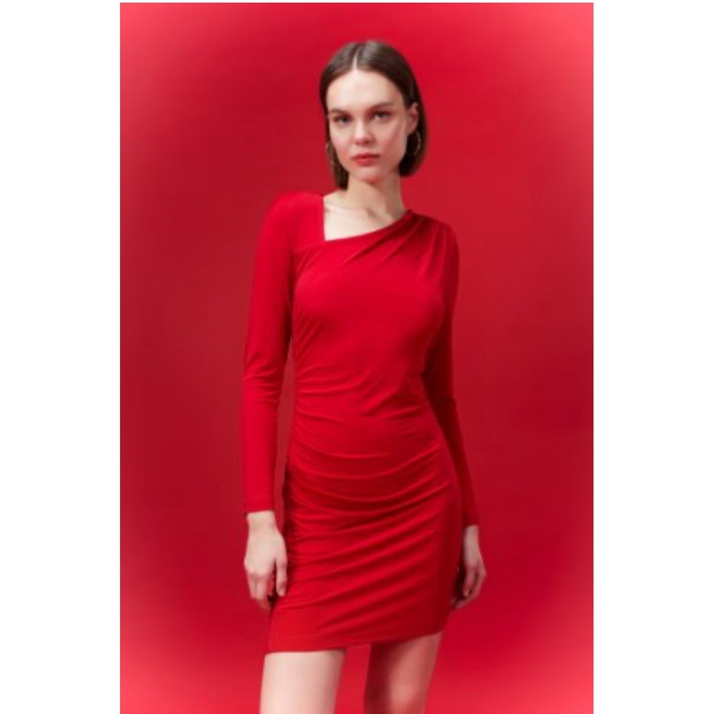 Women Shirred Bodycon Midi Dress S/M 6/8 Red‎ Side Gathered Stretch Asymmetrical